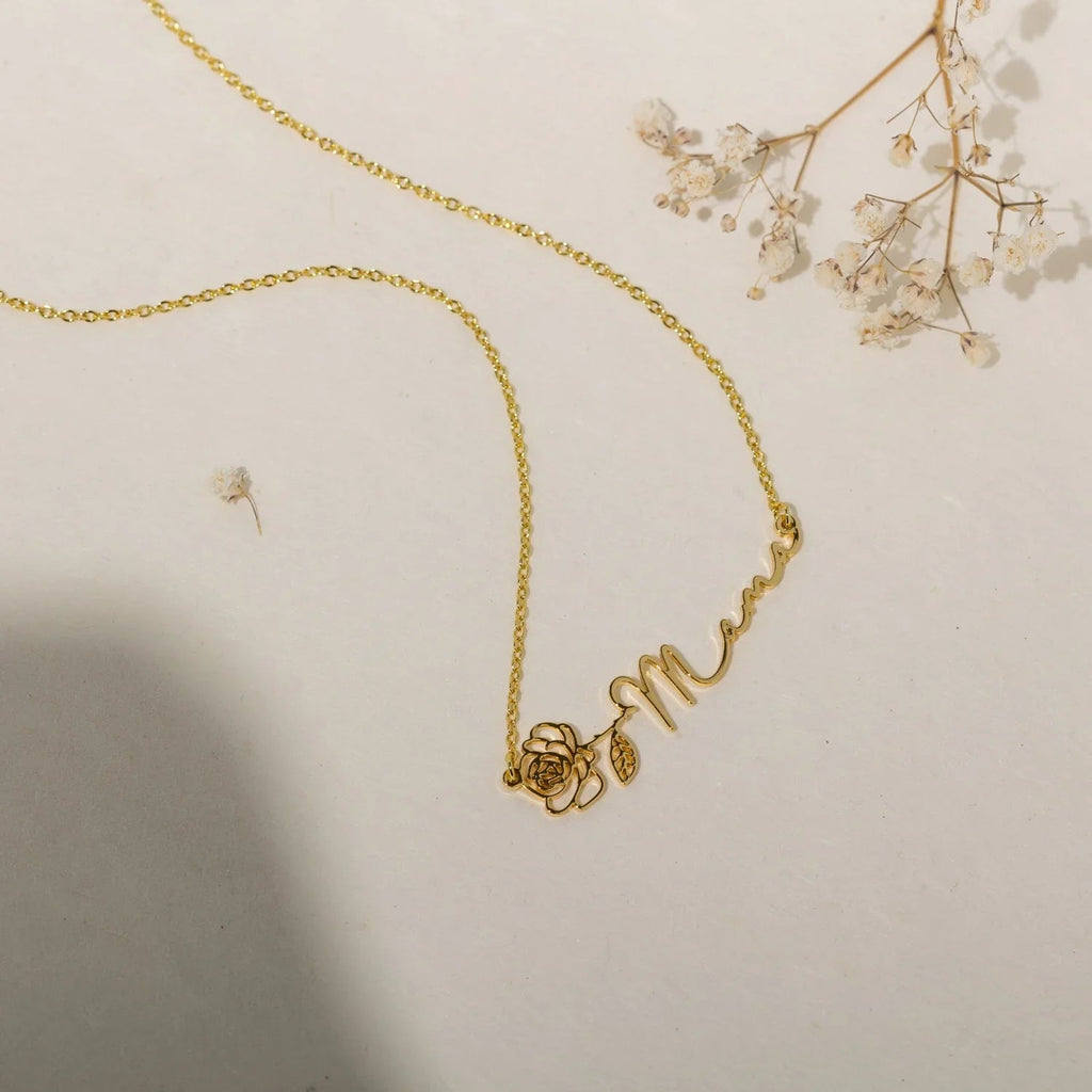 Birth Flower Horizontal Name Necklace