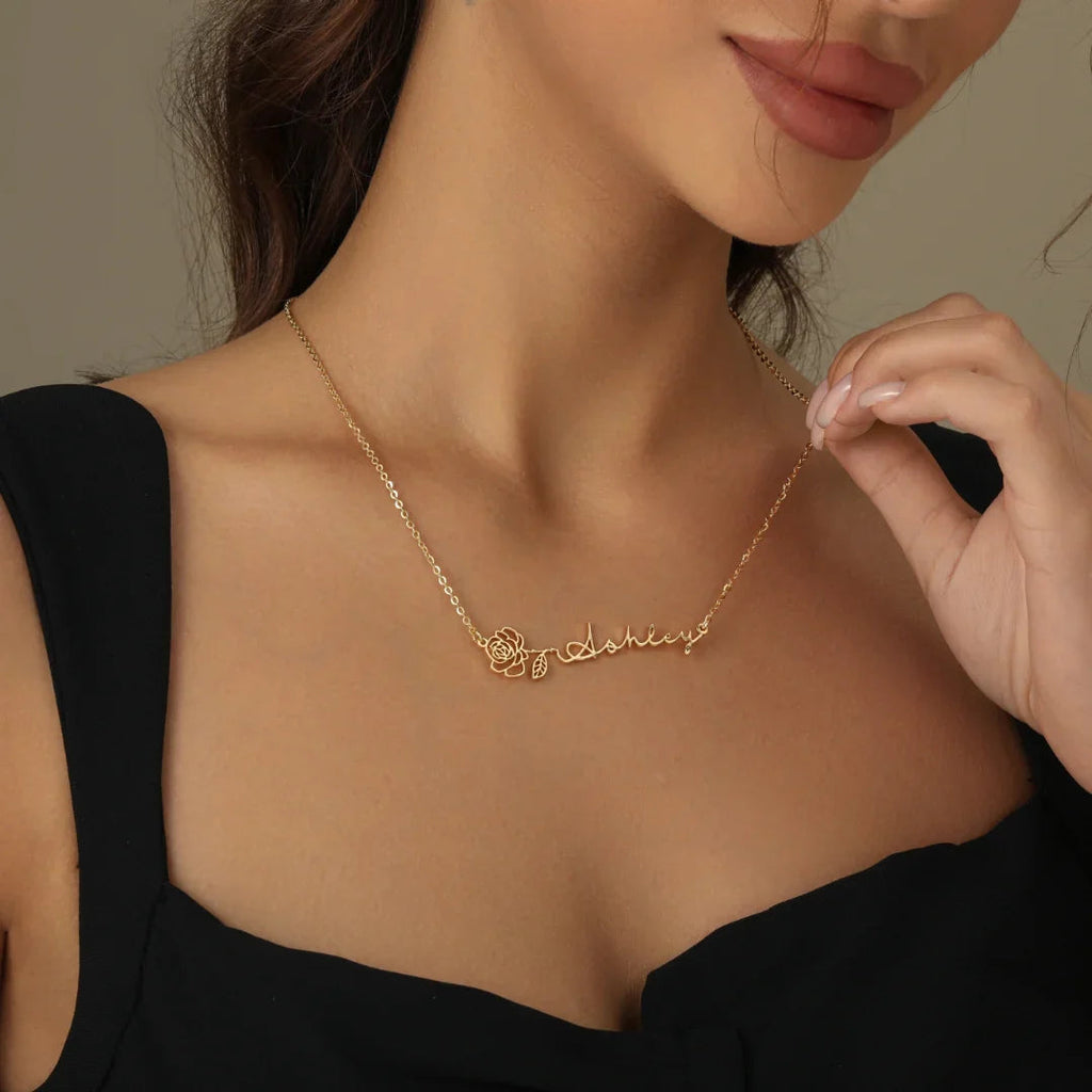 Birth Flower Horizontal Name Necklace
