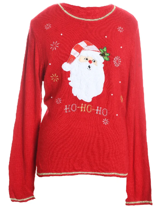 Weekend Bargains to Relish Santa Claus Design Red Embroidered Christmas Jumper - L