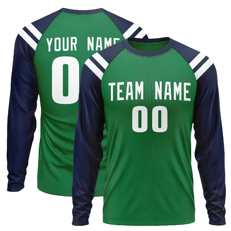 Price Slash Custom Kelly Green Navy-White Crew Neck Personalized Raglan Long Sleeve Performance T-Shirt