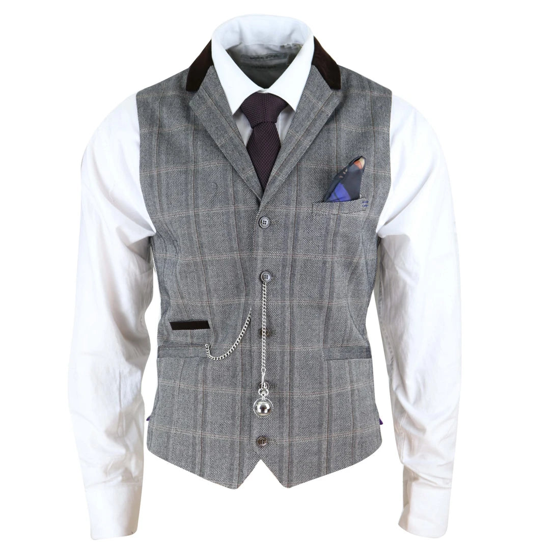 Weekend Extravaganza: Shop Now Connall - Men's Herringbone Tweed Check Waistcoat Pocket Watch Blinders