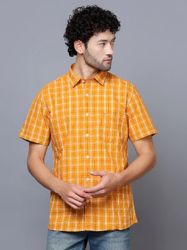 Cash Savings Men's Mustard Casual Medium Checks Half Sleeve Shirt