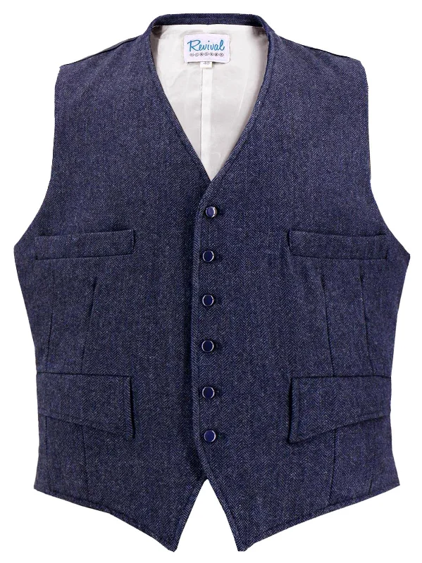 Time-Sensitive 1940s Vintage Granville Herringbone Wool Waistcoat in Navy Blue