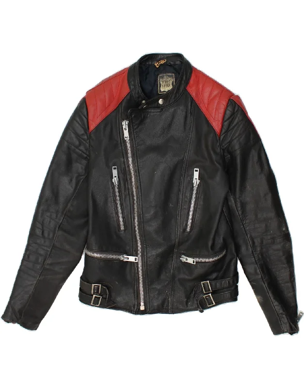 Amazing Value VINTAGE Womens Leather Racer Jacket UK 10 Small Black Colourblock Leather Amazing Value VINTAGE Womens Leather Racer Jacket UK 10 Small Black Colourblock Leather
