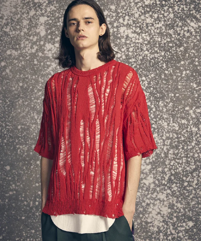Flash Deal Destroy Mesh Prime-Over Short Sleeve Crew Neck Knit T-Shirt