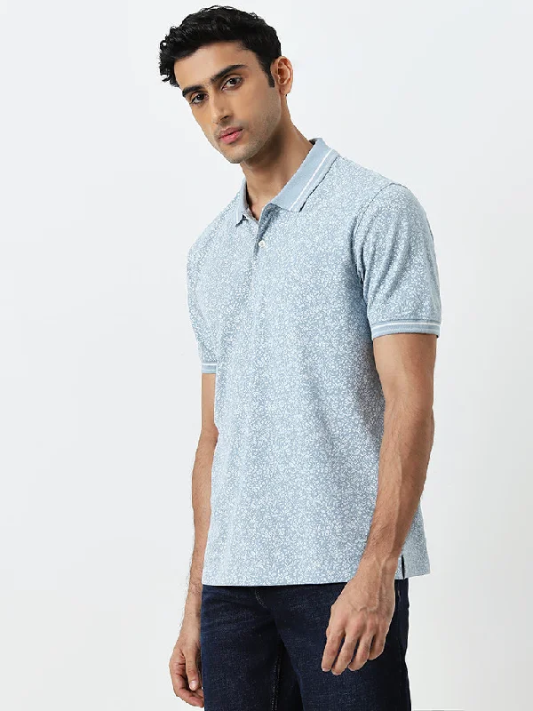 Weekend Offers That Shine WES Casuals Dusty Blue Floral Printed Relaxed-Fit Polo T-Shirt