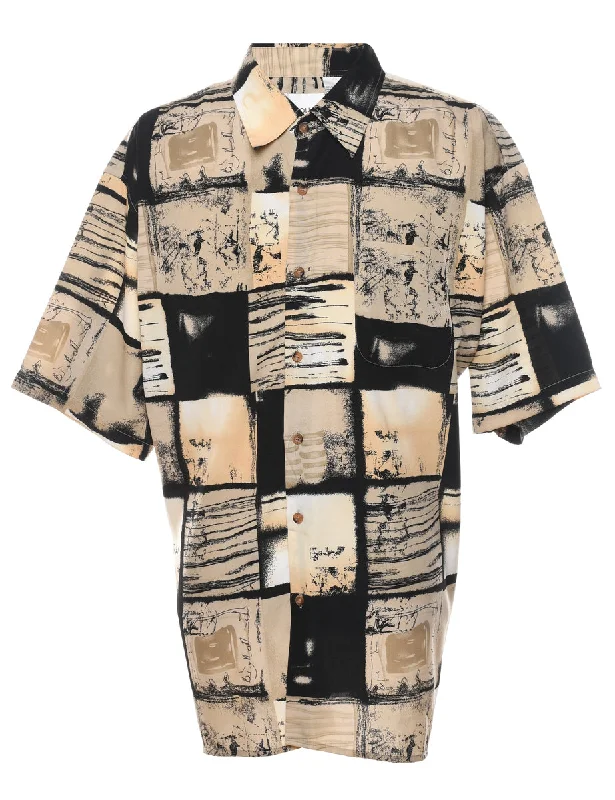 Weekend Discounts to Celebrate Short Sleeve Cream & Black Patterned 1990s Shirt - XXL