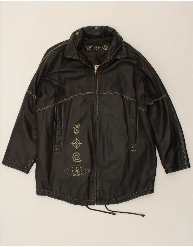 Clearance Sale YUPPIE Womens Oversized Graphic Leather Coat UK 14 Large Black Leather