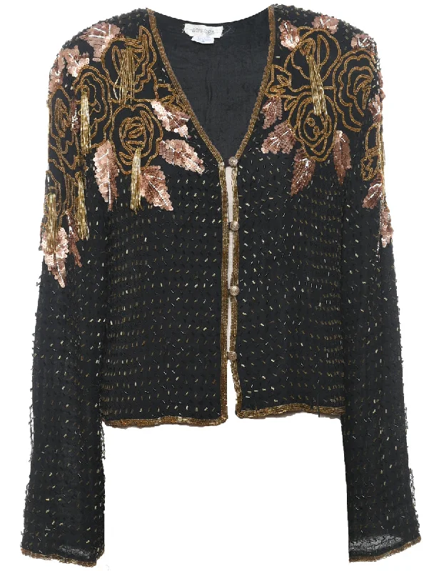 Deep Savings Silk Beaded 1980s Black & Gold Evening Jacket - M