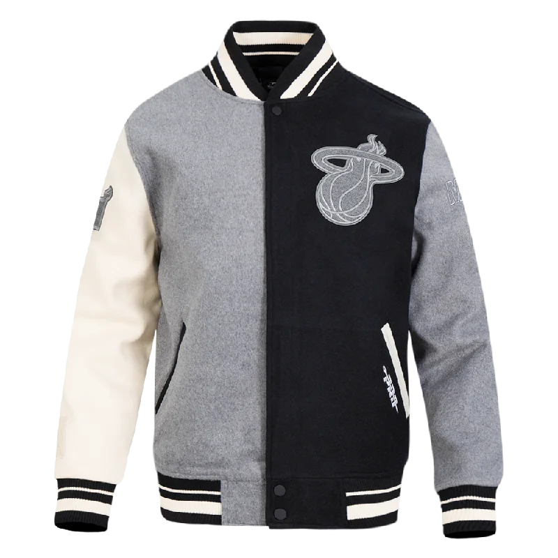 Weekend Shopping Made Better NBA MIAMII HEAT REVERSE FRENCH TERRY MEN'S CB WOOL VARSITY JACKET (BLACK/GRAY/EGGSHELL)