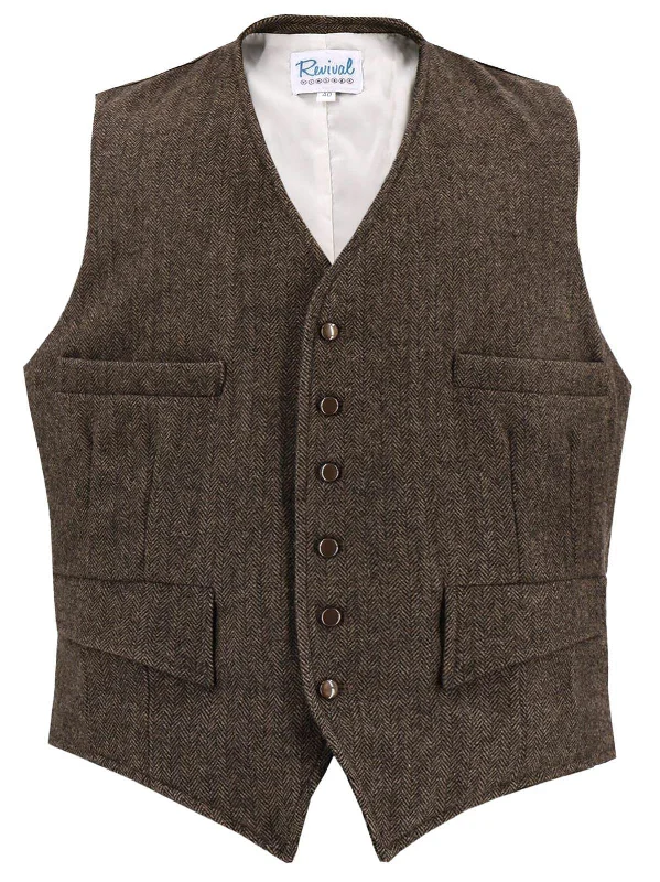 Huge Savings 1940s Vintage Granville Herringbone Wool Waistcoat in Brown