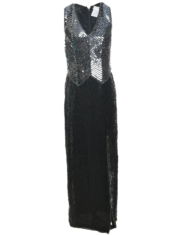 Low Cost Silk Black Silver Sequined Evening Dress - M
