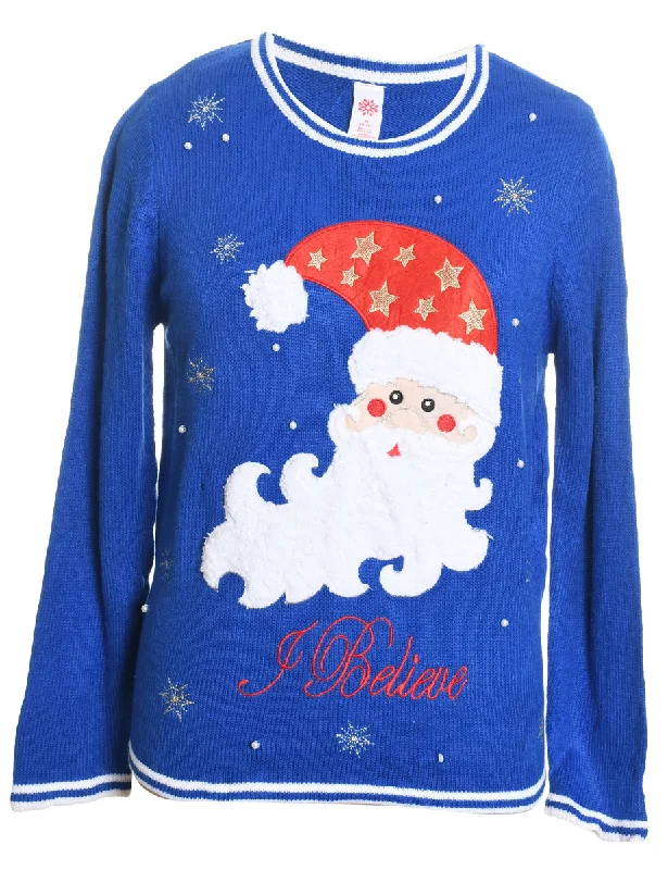 Weekend Specials to Indulge In Santa Claus Design Blue Embroidered Christmas Jumper - M Weekend Specials to Indulge In Santa Claus Design Blue Embroidered Christmas Jumper - M