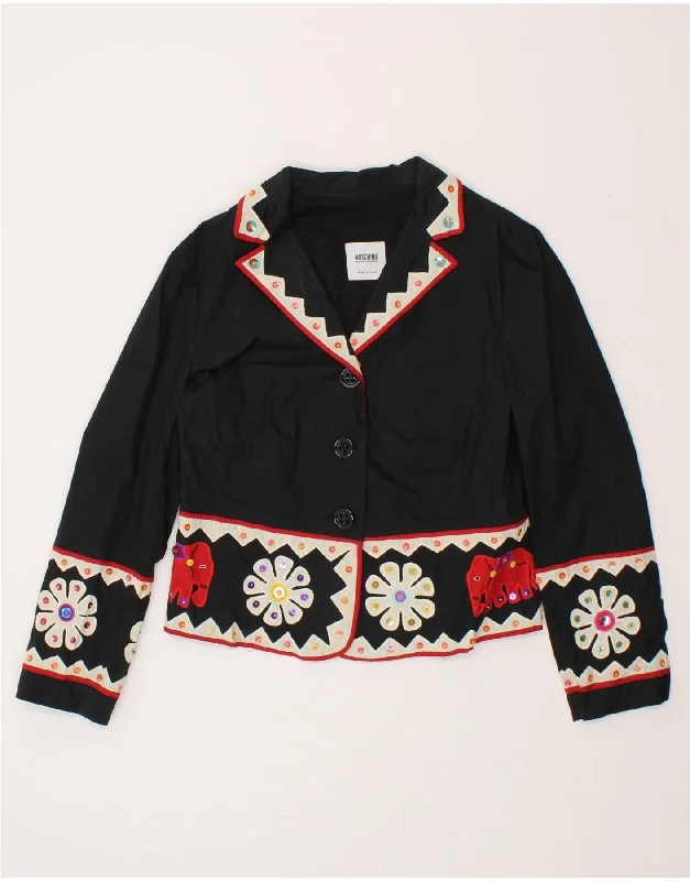 Weekend Bargains to Sizzle MOSCHINO Womens Graphic Blazer Jacket UK 14 Medium Black Patchwork Cotton