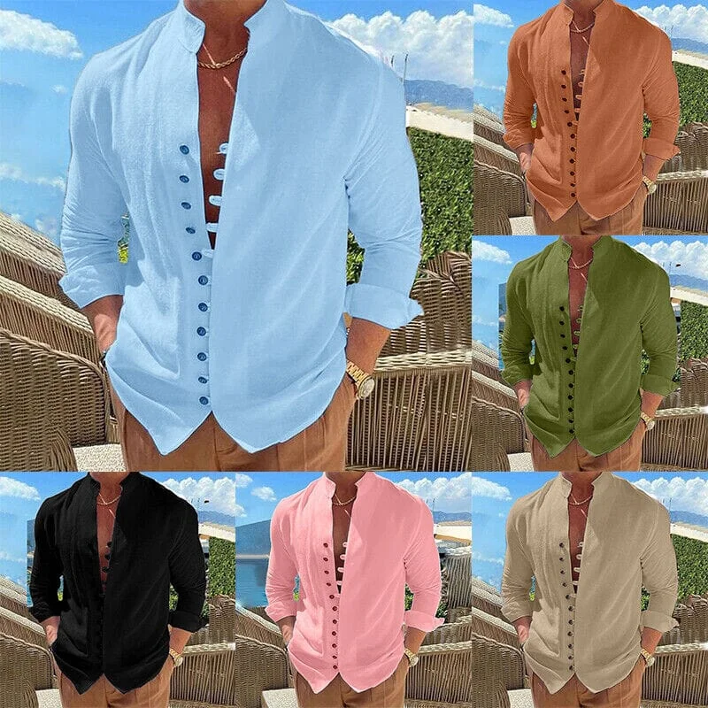 Take Advantage Men's Linen Button Up Shirt Long Sleeve Plain Band Collar