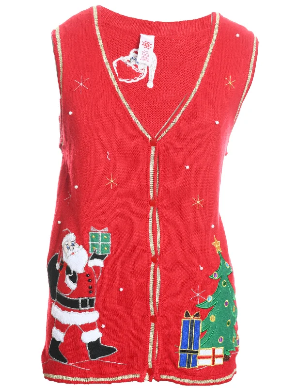 Weekend Offers That Sizzle Santa Claus Design Embroidered Red Knit Vest - L