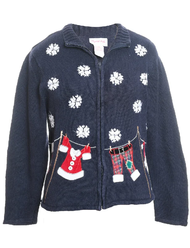 Savings Galore Snowfall Design Appliqued Navy Zip-Front Christmas Cardigan - S