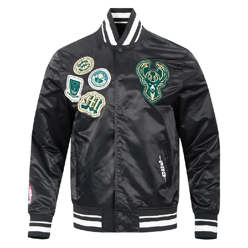 Weekend Discounts to Celebrate NBA MEN'S MILWAUKEE BUCKS DIY PICK STITCH MEN'S RIB SATIN JACKET (BLACK) Weekend Discounts to Celebrate NBA MEN'S MILWAUKEE BUCKS DIY PICK STITCH MEN'S RIB SATIN JACKET (BLACK)