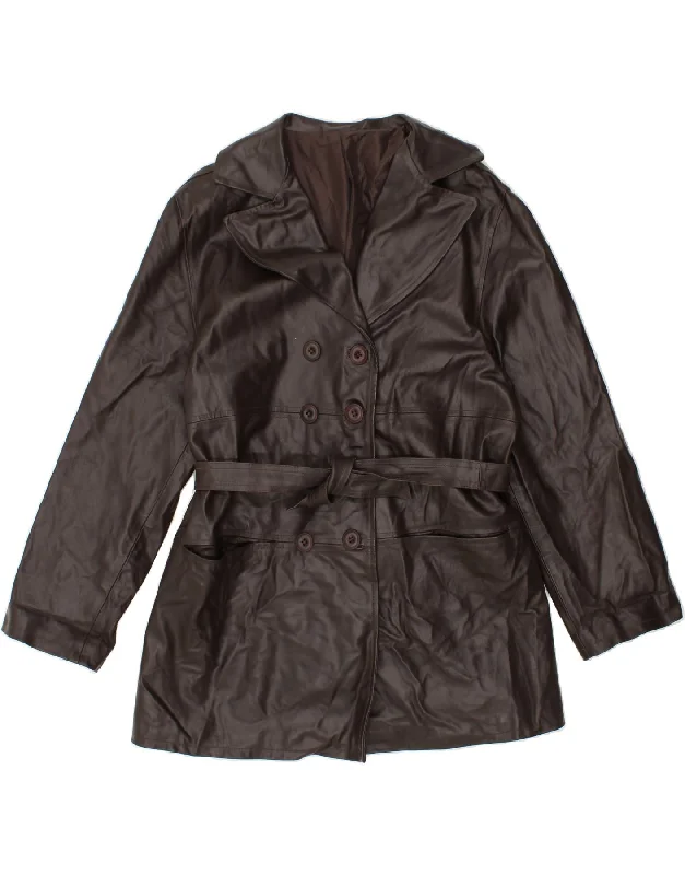 Extra Discount VINTAGE Womens Double Breasted Leather Coat UK 16 Large Brown