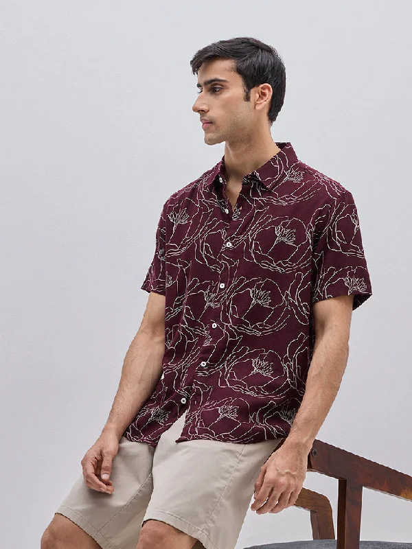 Weekend Deals That Amaze Ascot Wine Floral Design Relaxed-Fit Blended Linen Shirt