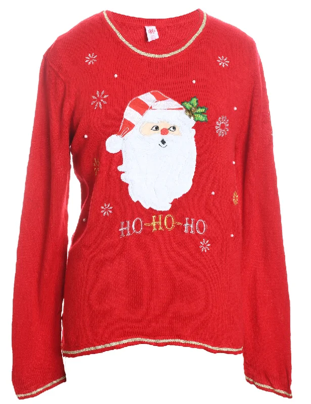 Weekend Savings Spectacle Santa Claus Design Red Embroidered Christmas Jumper - L