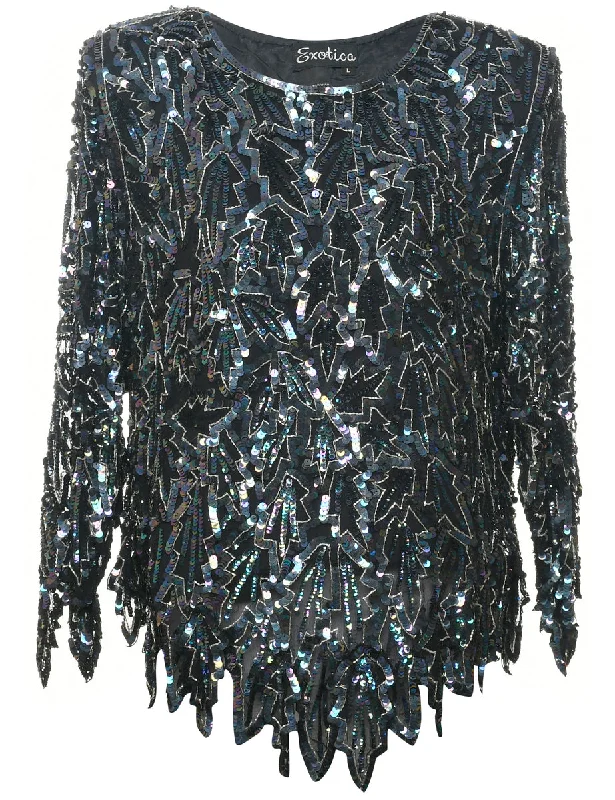 Deal of the Day Silk Sequined Evening Top - L