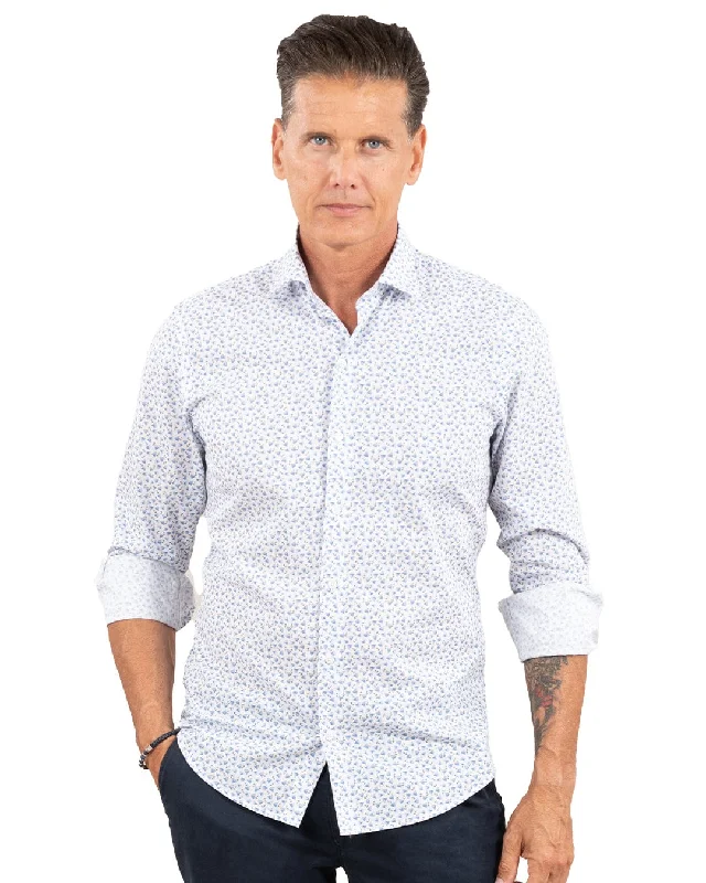 Special Price Blue Slim Fit Yachts Print Spread Collar Shirt