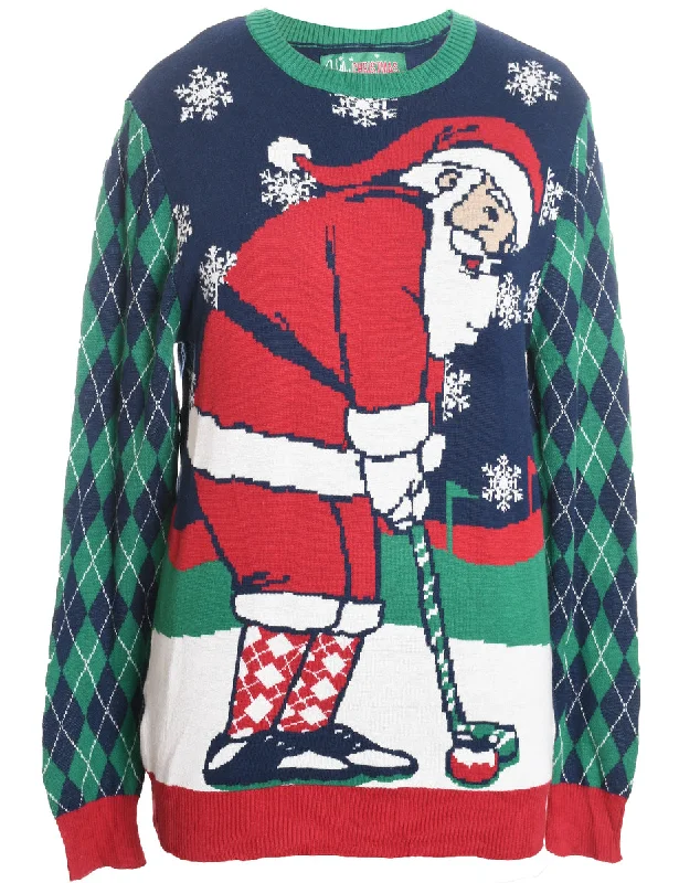 Weekend Specials to Grab Santa Claus Design Navy & Green Argyle Knit Christmas Jumper - S Weekend Specials to Grab Santa Claus Design Navy & Green Argyle Knit Christmas Jumper - S