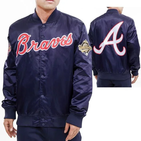 Pay Less MLB ATLANTA BRAVES BIG LOGO WORLD SERIES MEN'S SATIN JACKET (MIDNIGHT NAVY)