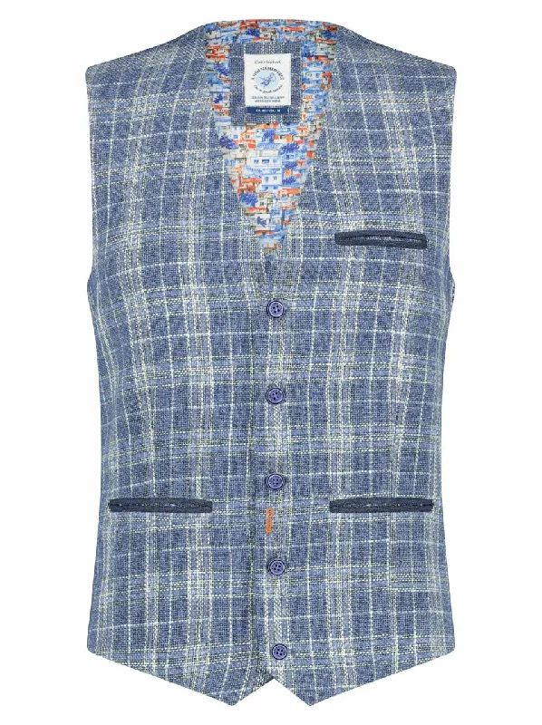 Weekend Savings Bonanza A Fish Named Fred Linen Check Waistcoat Lightt Blue