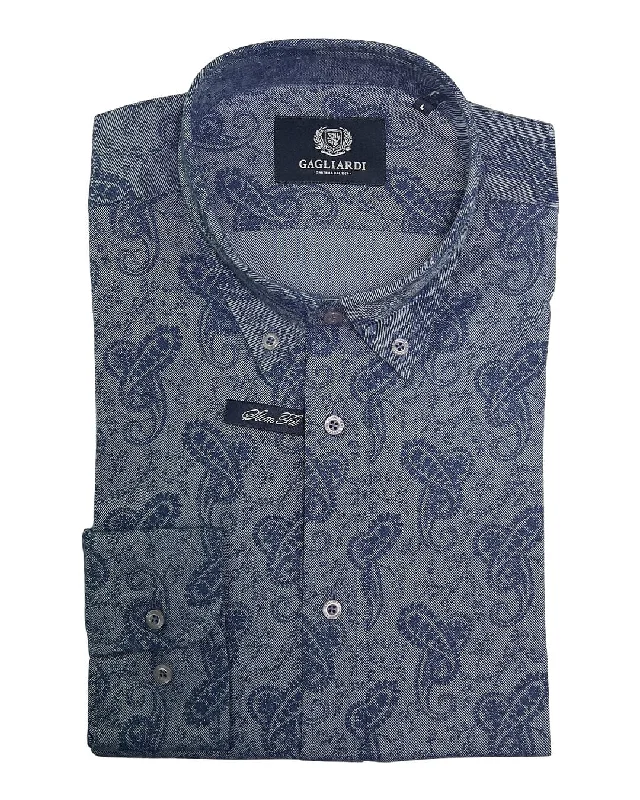 One-Day Only Denim Printed Paisley Shirt