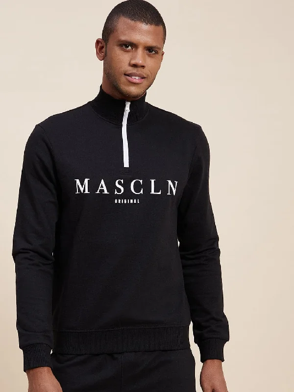 Final Clearance Men's Black High Neck Half Zipper MASCLN Sweatshirt