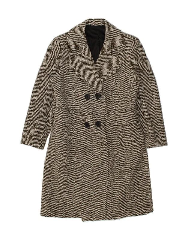 Super Sale VINTAGE Womens Double Breasted Coat UK 12 Medium Grey Herringbone Wool
