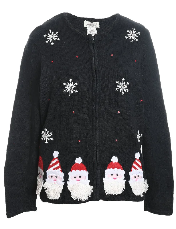 Weekend Discounts to Relish Santa Claus Design Black Zip-Front Christmas Cardigan - M Weekend Discounts to Relish Santa Claus Design Black Zip-Front Christmas Cardigan - M