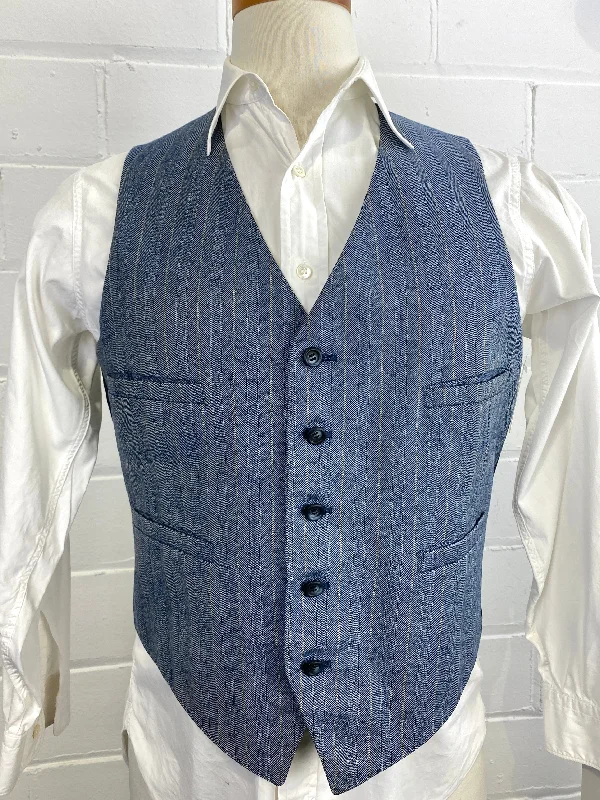 Bonus Offer Vintage 80s Men's Blue Herringbone Stripe Waistcoat/ Vest, C42