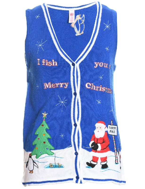 Weekend Bargains to Savor Santa Claus Design Blue Knit Christmas Sweater Vest - S