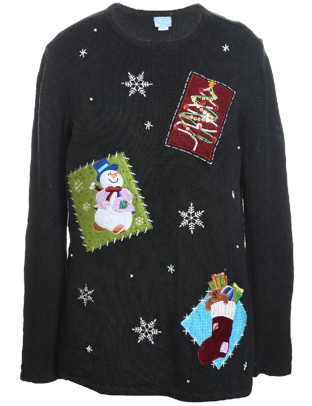 Weekend Deals You Can't Resist Snowman Black Embroiderd Christmas Jumper - M