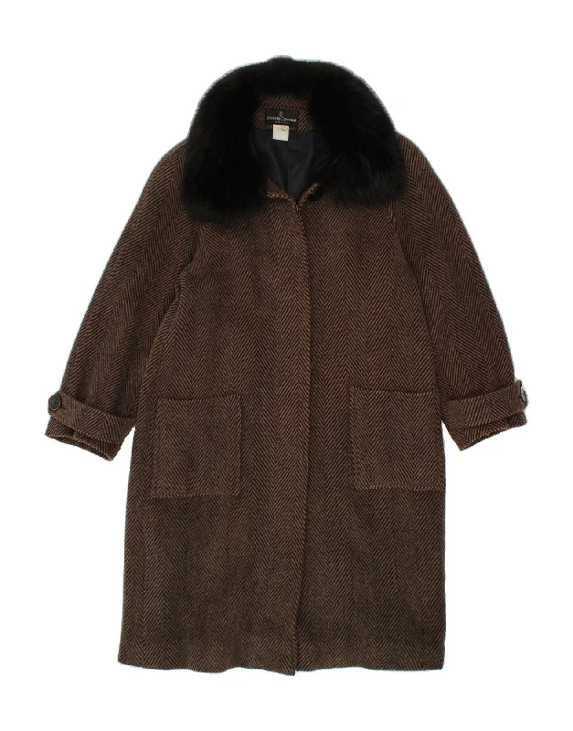 Low Cost VINTAGE Womens Overcoat IT 46 Large Brown Herringbone Wool