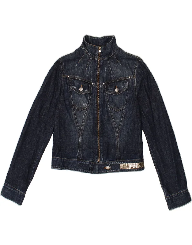 Mega Discount LIU JO Womens Crop Denim Jacket UK 12 Medium Navy Blue Cotton