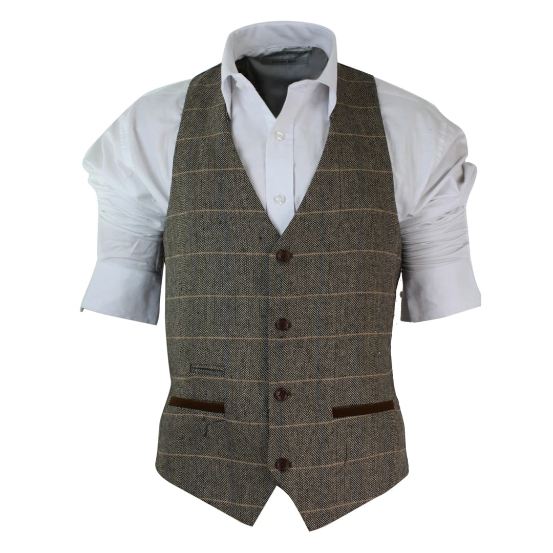 Weekend Discounts to Savor Men's Tweed Check Waistcoat Herringbone Tan Brown Grey Velvet Trim