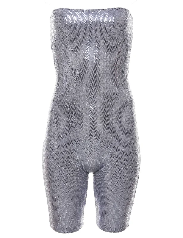 Midnight Madness Sequinned Silver Disco Playsuit - XS