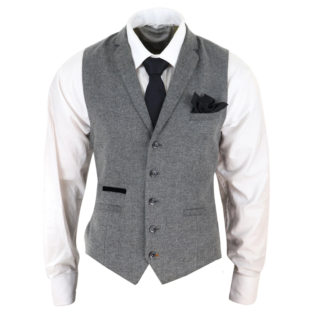 Year-End Clearance Martez - Men's Waistcoat Wool Herringbone Tweed Dark Grey Formal Classic 1920s Tailored