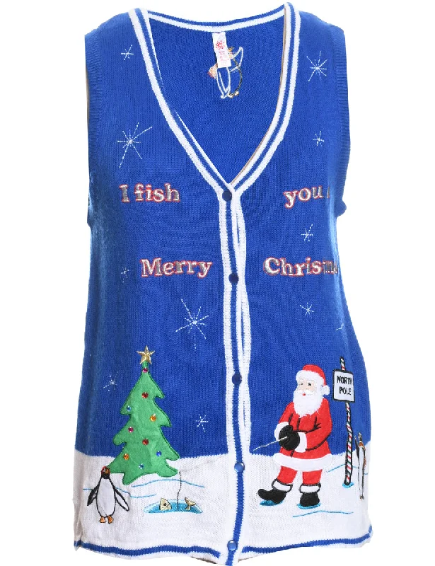 Weekend Deals That Amaze Santa Claus Design Blue Knit Christmas Vest - S