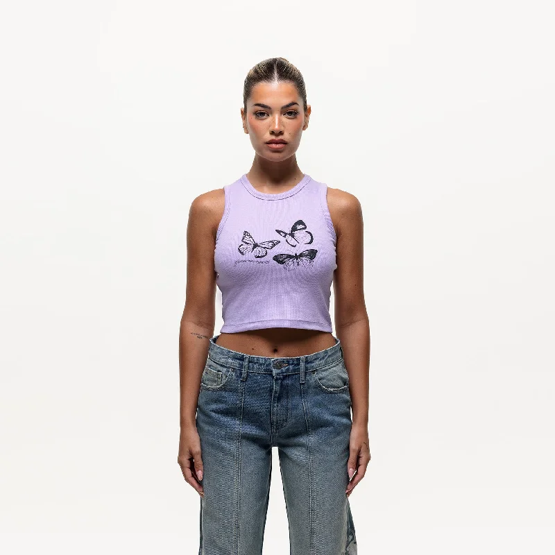 Steal Deal Spray Butterfly Ribbed Lilac Tank Top (Final Sale)