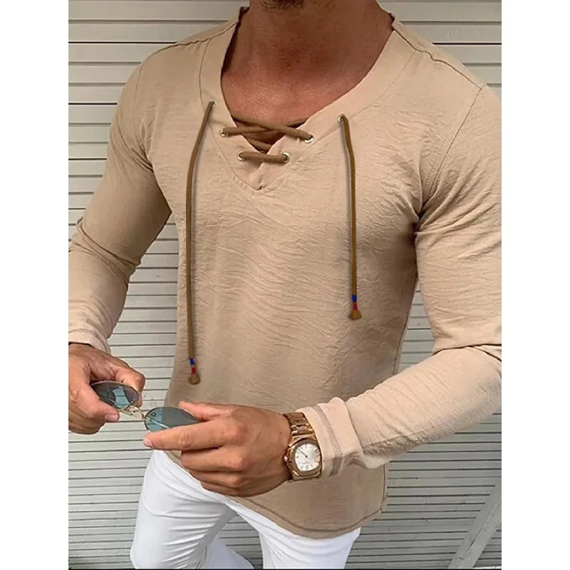Savings Galore Men's Solid V Neck Long Sleeved Cotton Linen Shirt