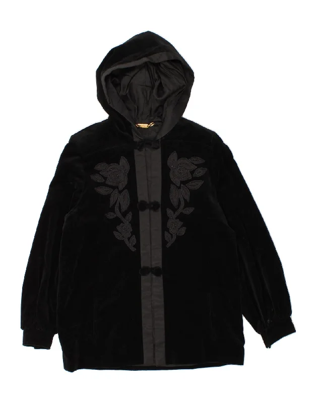 Stock Up OLGA MENASCI Womens Hooded Overcoat IT 48 XL Black Floral Cotton