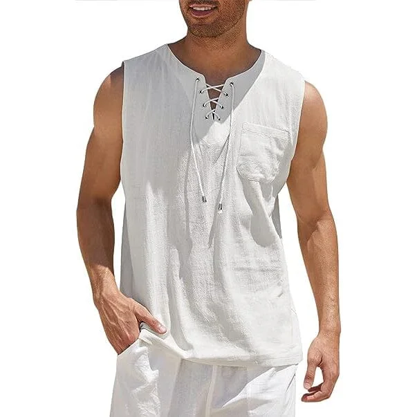 Mega Sale Men's Cotton Linen Tank Top Shirts Casual Sleeveless Lace Up Beach Hippie Tops Bohemian Renaissance Pirate Tunic