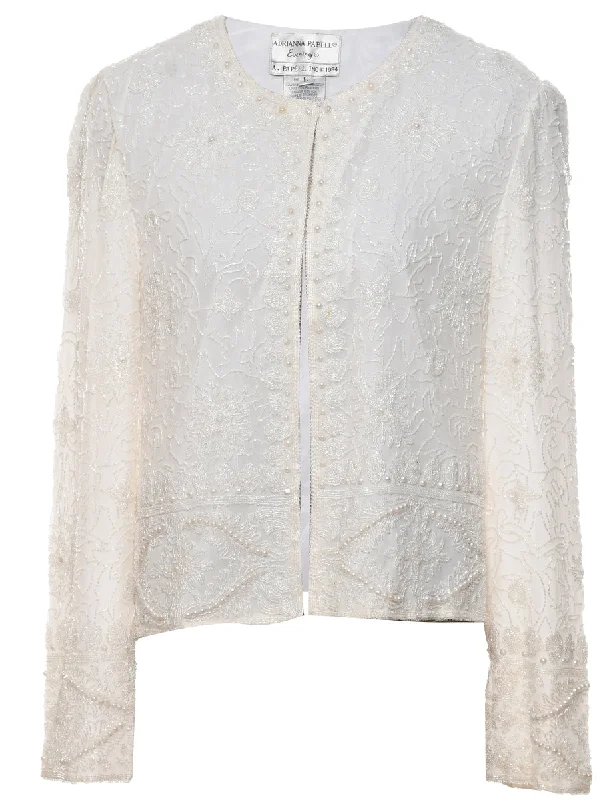 Hurry In Silk White 1980s Adrianna Papell Evening Jacket - L