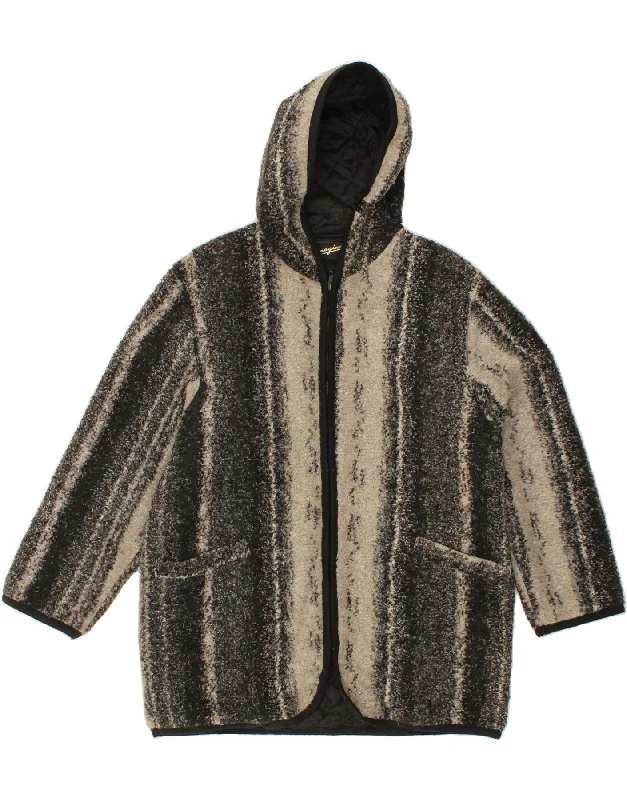 Steals and Deals VINTAGE Womens Hooded Overcoat UK 16 Large Grey Striped Acrylic