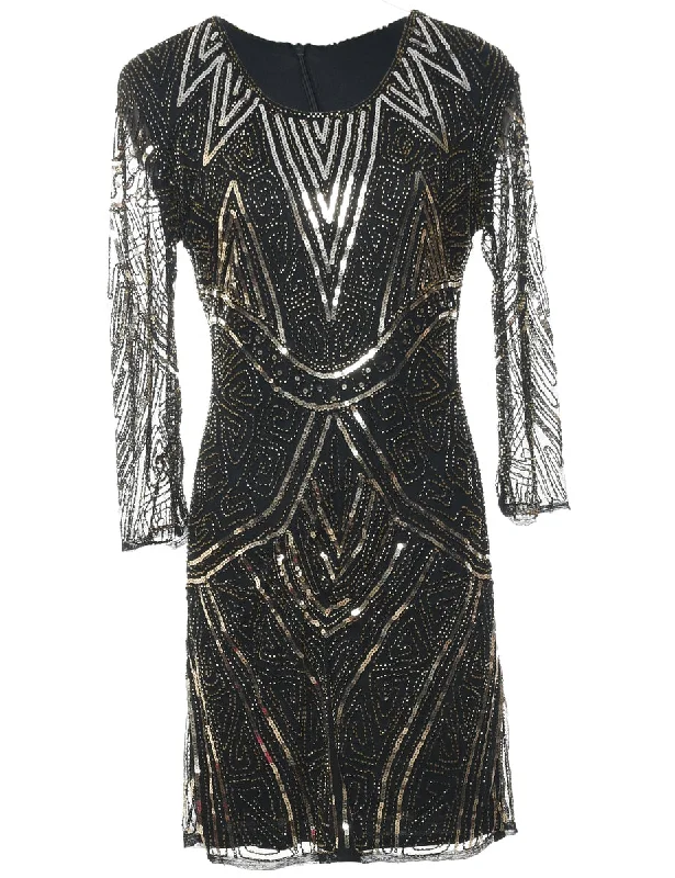 Great Bargain Sequined Black & Silver Metallic Evening Dress - M